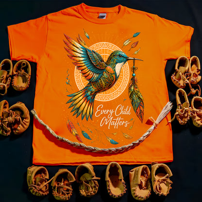 Every Child Matters Orange Hummingbird Feather Shirt, Indigenous Awareness Tee - Two Sides