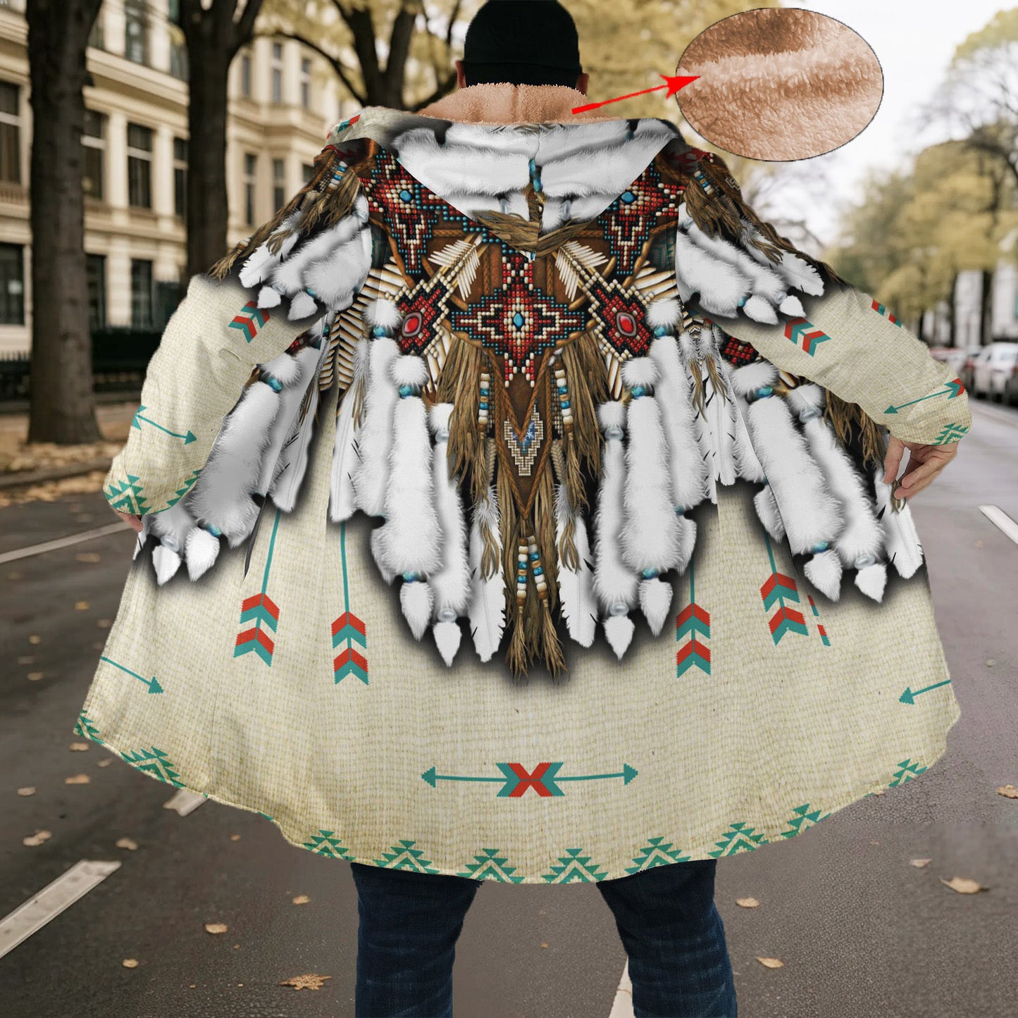 White Native Pattern Horn Button Long Fleece Windbreaker WCS