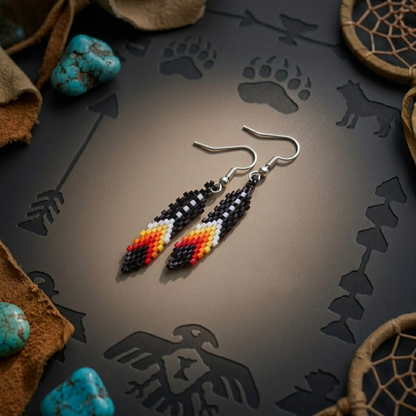 Handmade Beaded Feather, Colorful Seed Bead Dangle Earrings