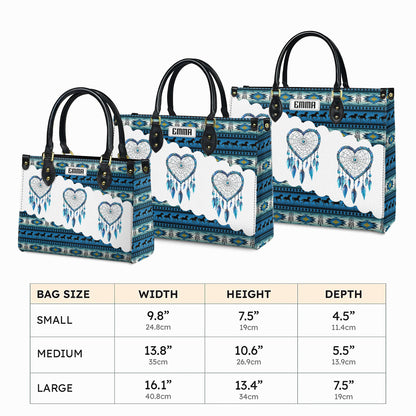 Personalized Leather Handbag for Women - Design Patterns Boho Blue & White Dreamcatcher