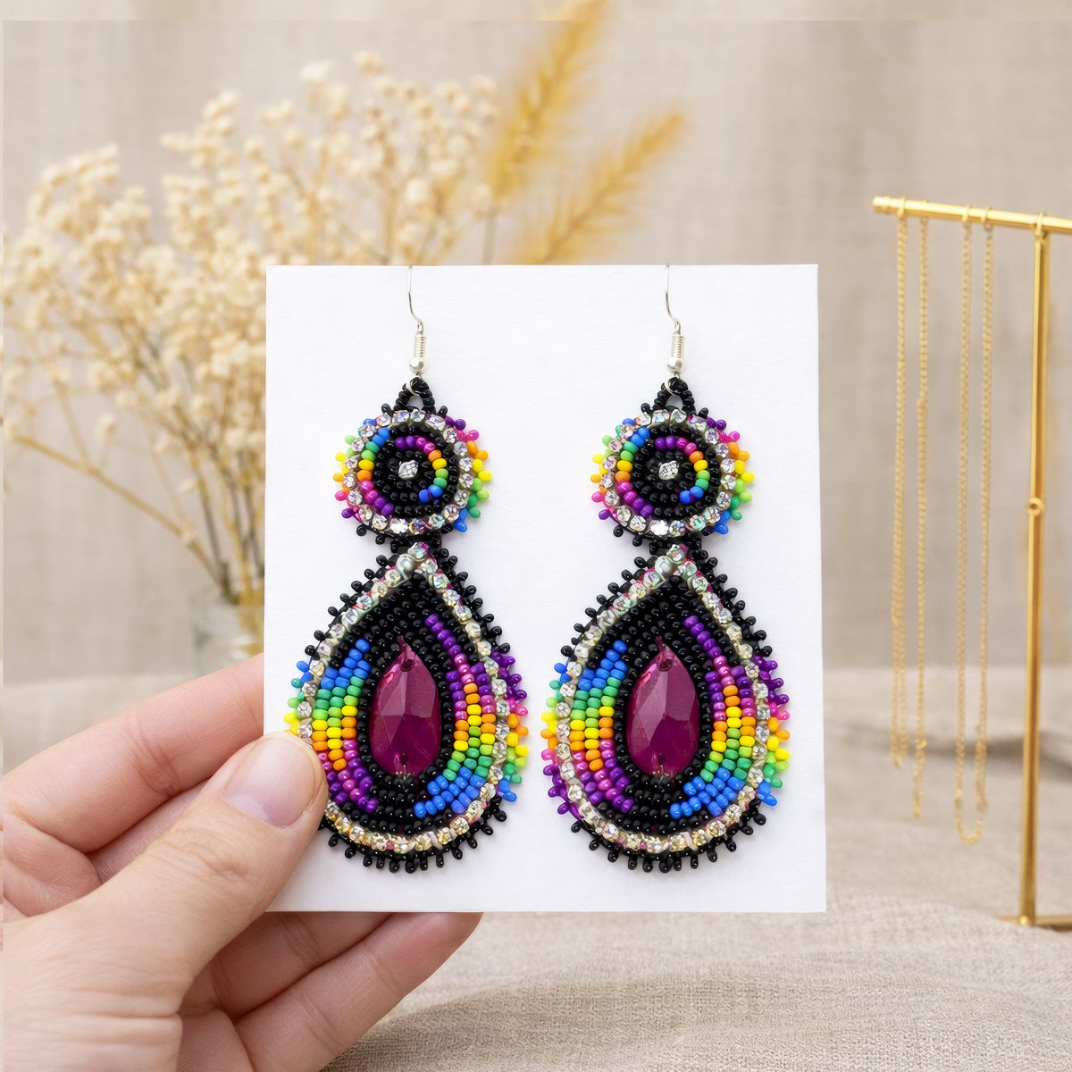 Handmade Beaded Teardrop Czech Purple Black Earrings