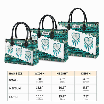 Personalized Leather Handbag for Women - Design Patterns Boho Teal & White Dreamcatcher