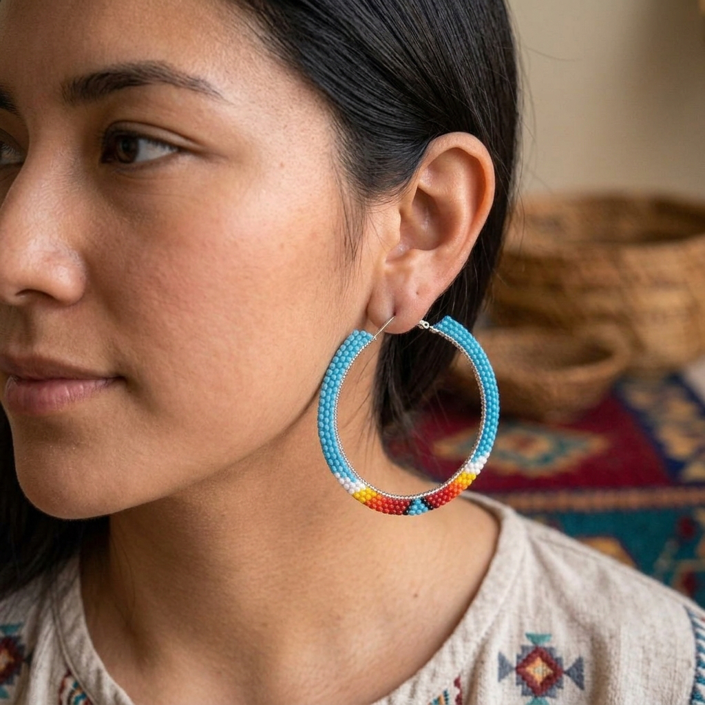 Handmade Beaded Hoop, Colorful Seed Bead Statement Earrings