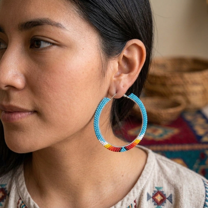 Handmade Beaded Hoop, Colorful Seed Bead Statement Earrings