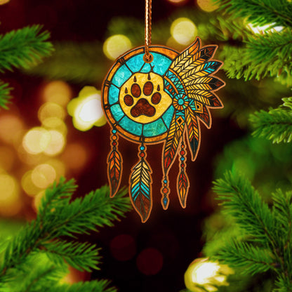 Turquoise Paw Print Dreamcatcher – Boho Stained Glass Christmas Ornament Acrylic