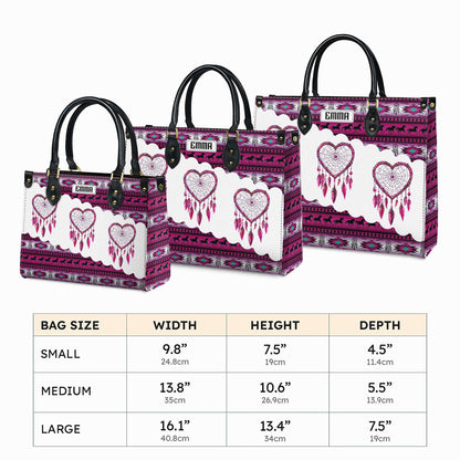 Personalized Leather Handbag for Women - Design Patterns Boho Pink & White Dreamcatcher