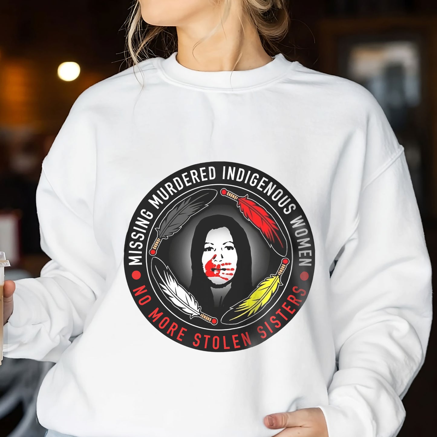 MMIW No More Stolen Sisters Feather Color Red Hand Unisex T-Shirt/Hoodie/Sweatshirt