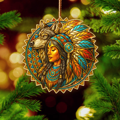 Spirit of the Wolf – Native Woman Ornament  Acrylic  Symbolizing Strength, Wisdom, and the Power of Connection
