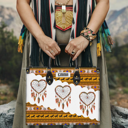 Personalized Leather Handbag for Women - Design Patterns Boho Yellow & White Dreamcatcher