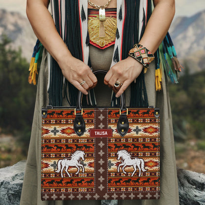 Personalized Leather Handbag for Women - Design Patterns Boho Rustic Orange Spirit Horse