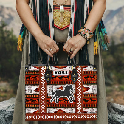 Personalized Leather Handbag for Women - Design Patterns Boho Rustic Orange & White Spirit Horse