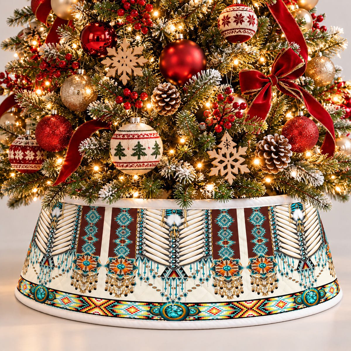 Quilted Christmas Tree Collar - Native American Turquoise Dreamcatcher Feather Fringe Tribal Geometric Pattern Southwestern Boho Christmas Decor
