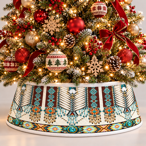 Quilted Christmas Tree Collar - Native American Turquoise Dreamcatcher Feather Fringe Tribal Geometric Pattern Southwestern Boho Christmas Decor