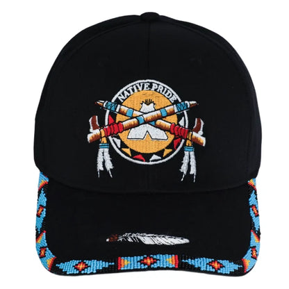 MMIW Feathers Cotton Unisex Baseball Cap With Beaded Patch Brim Native American Style