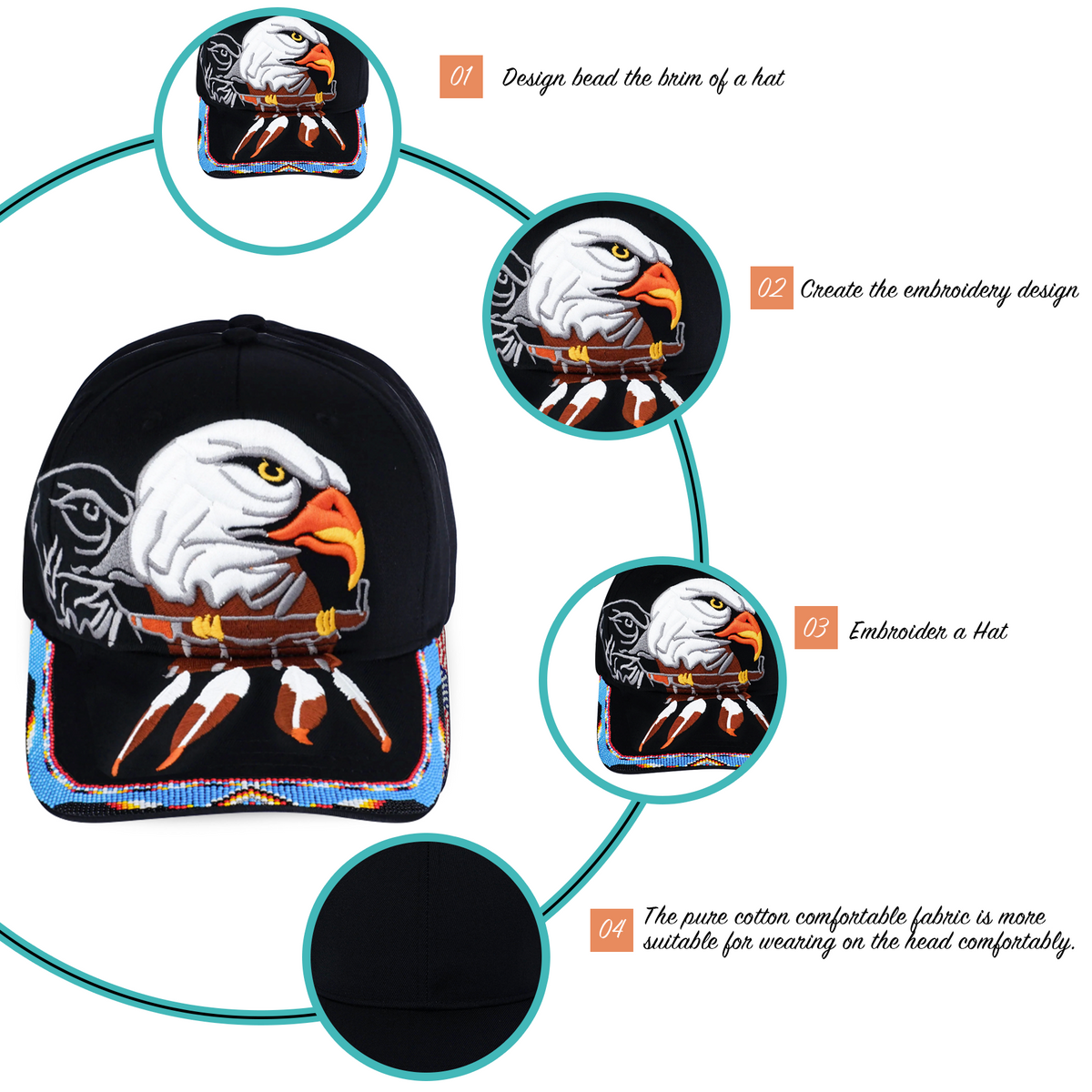 Eagle With Pipe Embroidered  Beaded Baseball Cap With Brim Unisex Native American Style