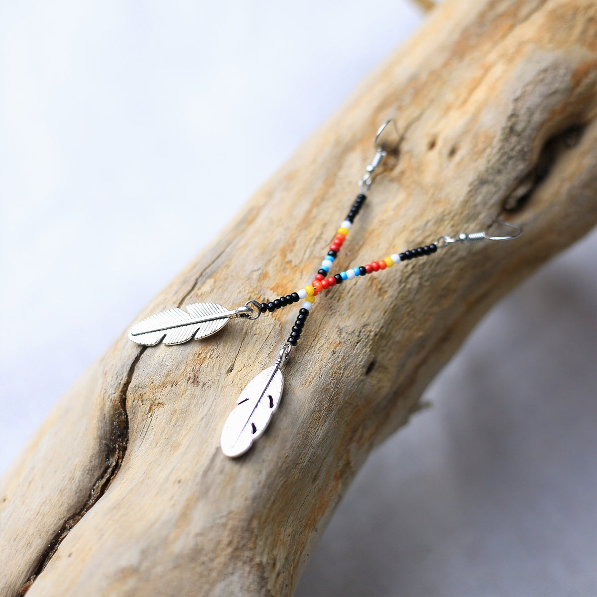 Black Stick with Metal Feather Beaded Handmade Earrings For Women