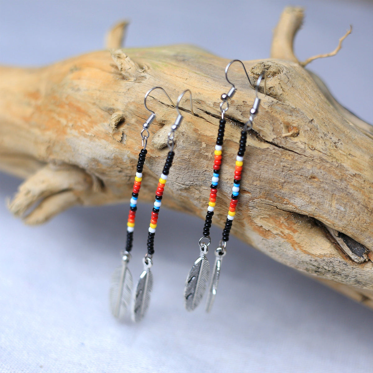 Black Stick with Metal Feather Beaded Handmade Earrings For Women