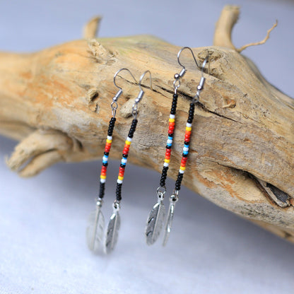 Black Stick with Metal Feather Beaded Handmade Earrings For Women