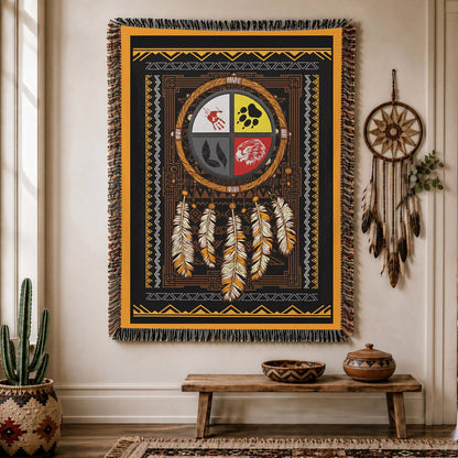 Medicine Wheel Woven Throw Blanket - Indigenous Tribal Decor