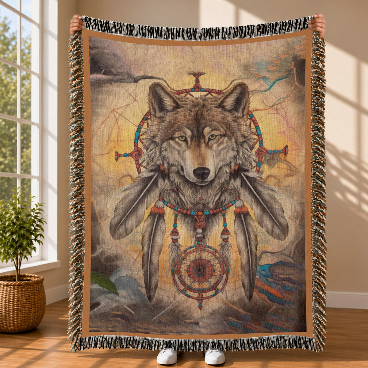 Native American Wolf Woven Throw Blanket - Dreamcatcher Decor