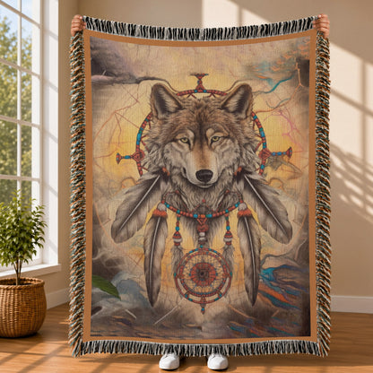 Native American Wolf Woven Throw Blanket - Dreamcatcher Decor