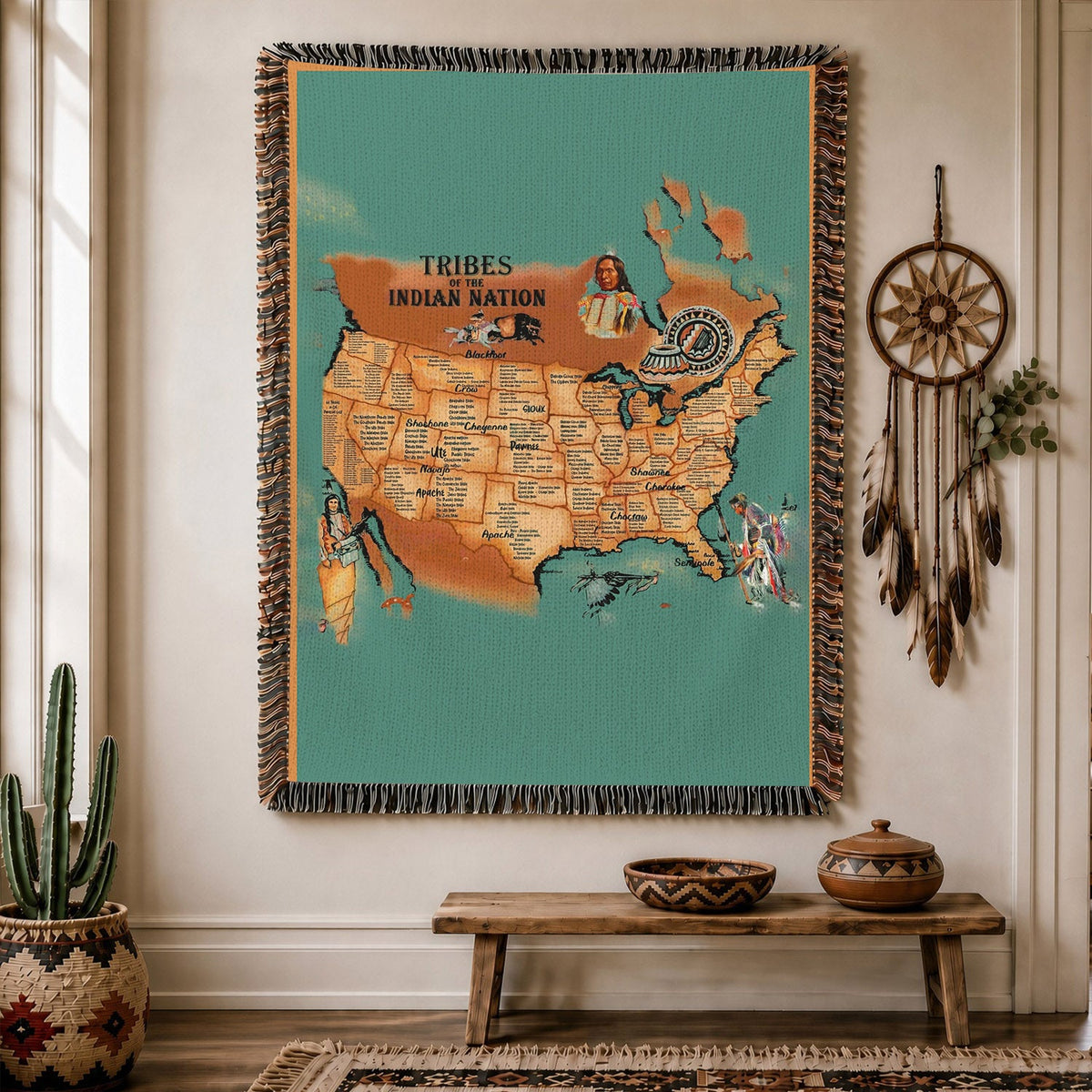 Native American Tribes Map Woven Throw Blanket - Heritage Decor
