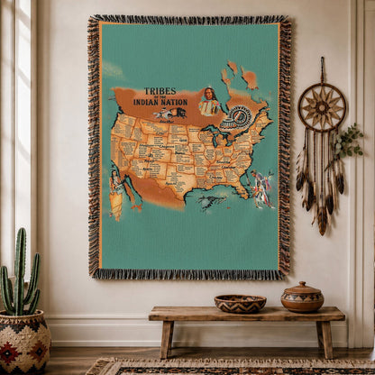 Native American Tribes Map Woven Throw Blanket - Heritage Decor