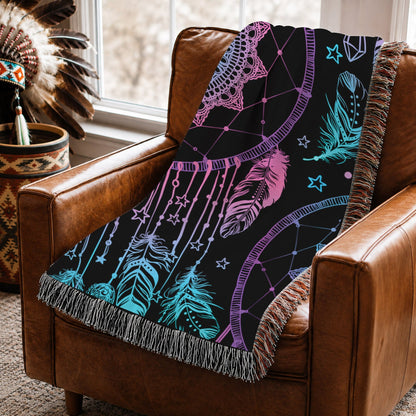 Dreamcatcher Woven Throw Blanket - Boho Feather Spiritual Decor
