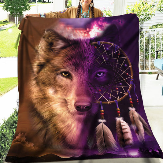 Native American Style  Wolf Native Soft And Warm Fleece Blanket
