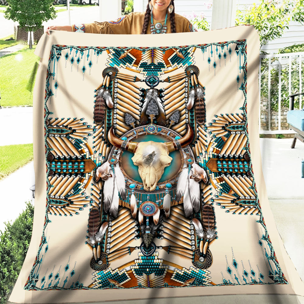 Native American Buffalo Head Motifs Fleece Blanket, Turiquoise Native Indian Pattern Feather Fleece Blanket