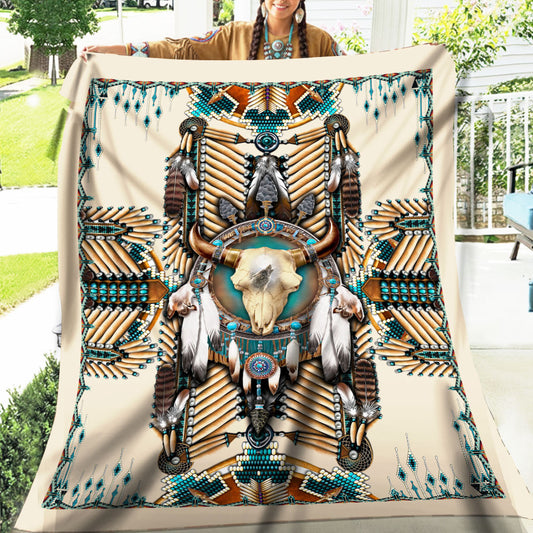 Native American Buffalo Head Motifs Fleece Blanket, Turiquoise Native Indian Pattern Feather Fleece Blanket