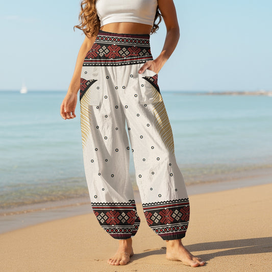 Boho Harem Pants – Red Tribal & Feather Print