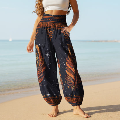 Feather Print Harem Pants - Yoga Boho Clothes with Pockets