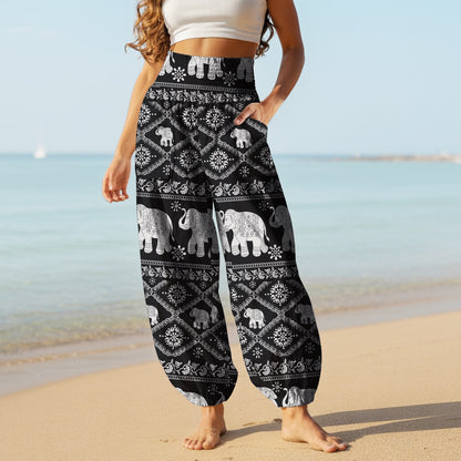 Black Elephant Print Harem Pants – Boho Yoga Pants with Pockets 05