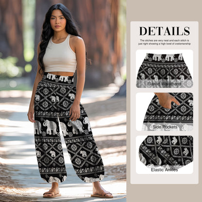 Black Elephant Print Harem Pants – Boho Yoga Pants with Pockets 05