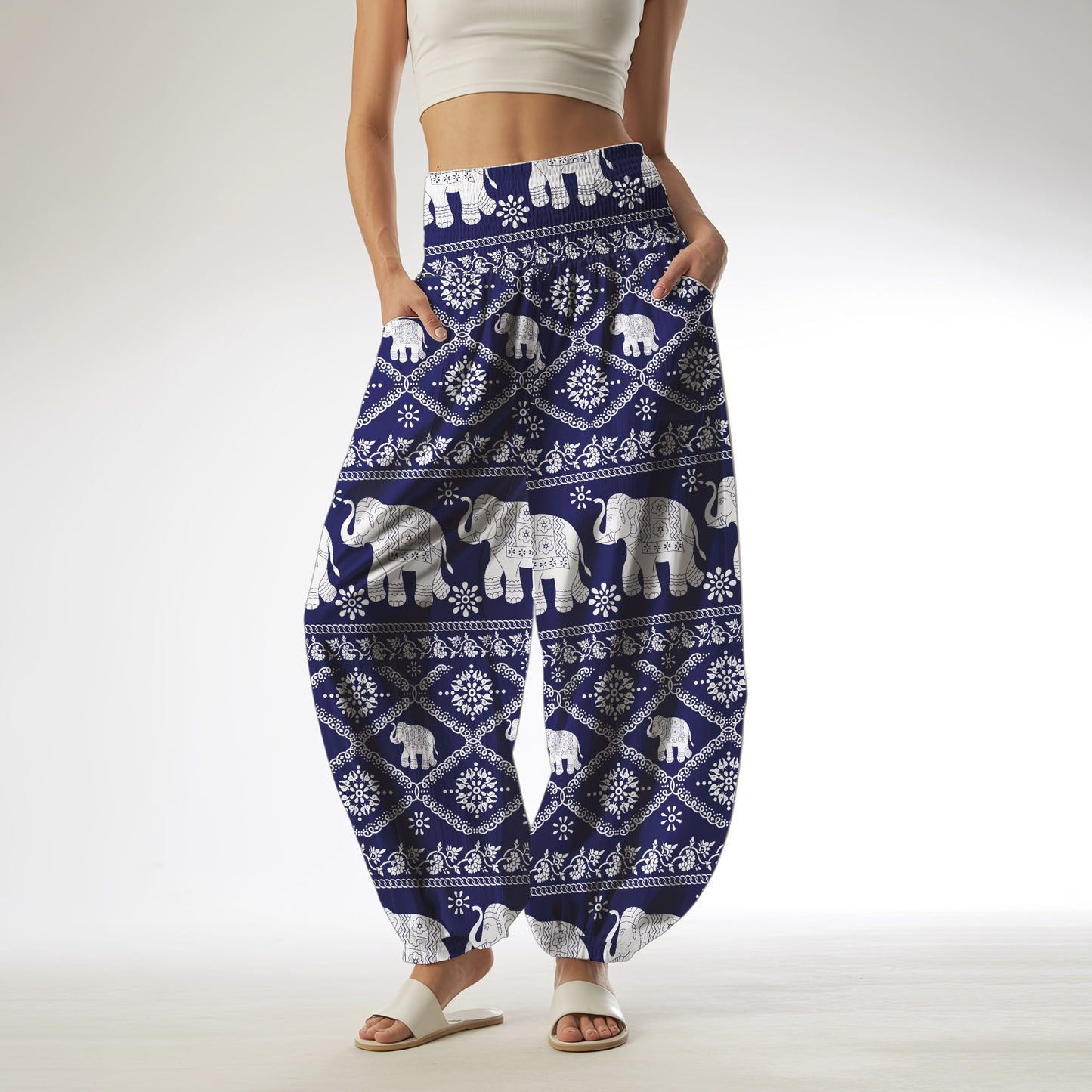 Black Elephant Print Harem Pants – Boho Yoga Pants with Pockets 05
