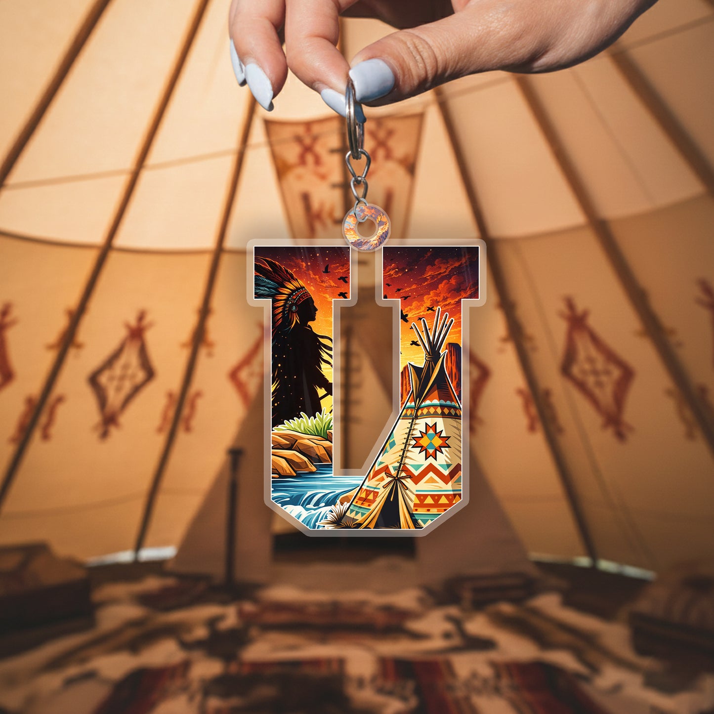 Letter U Native American Keychain