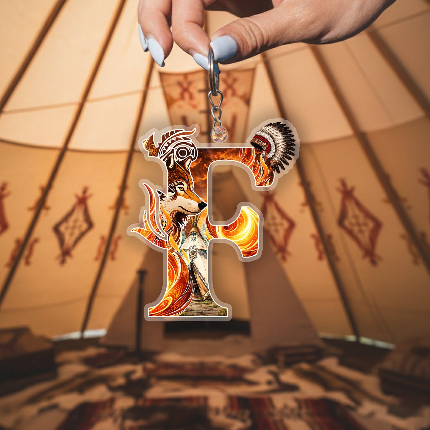 Letter F Native American Keychain