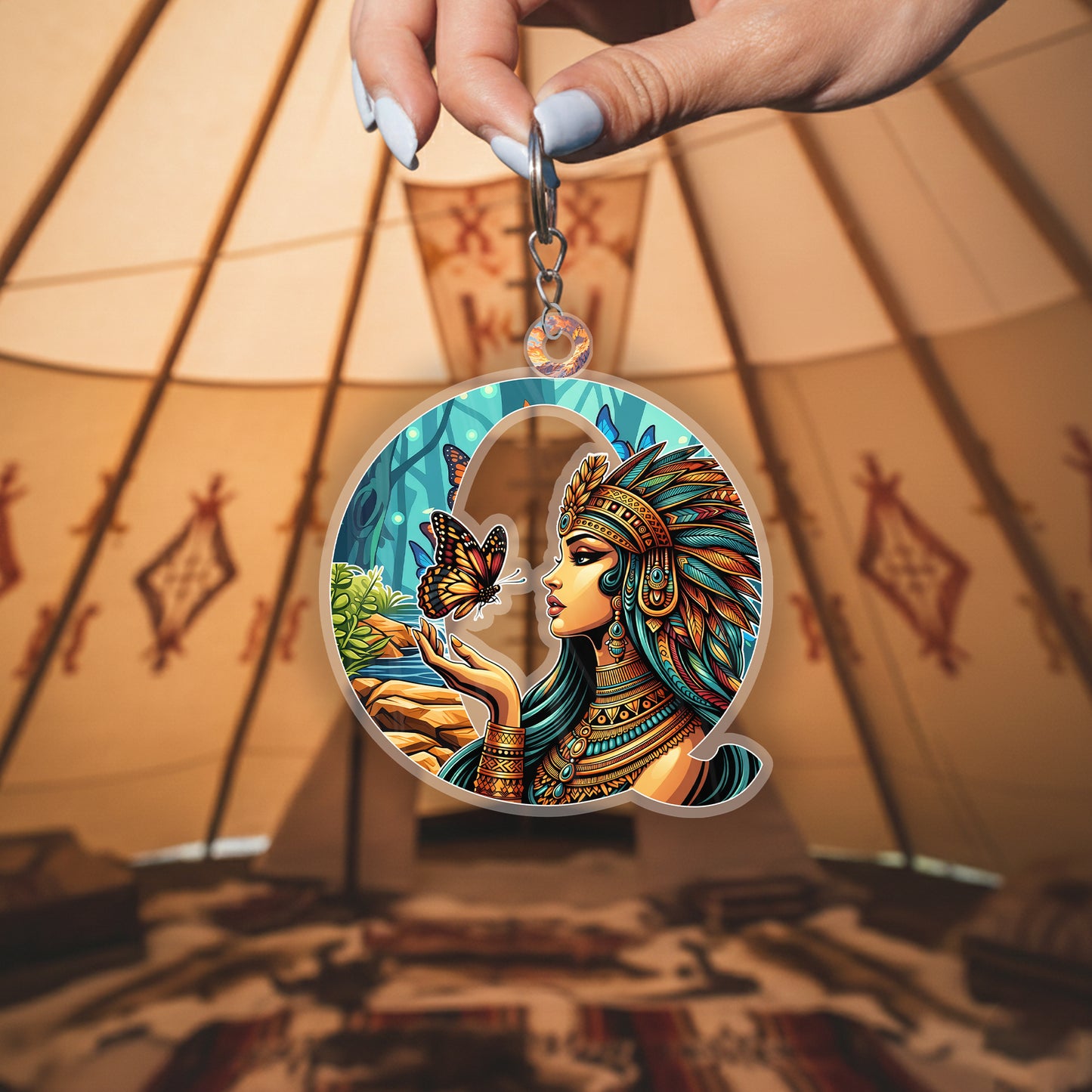 Letter Q Native American Keychain