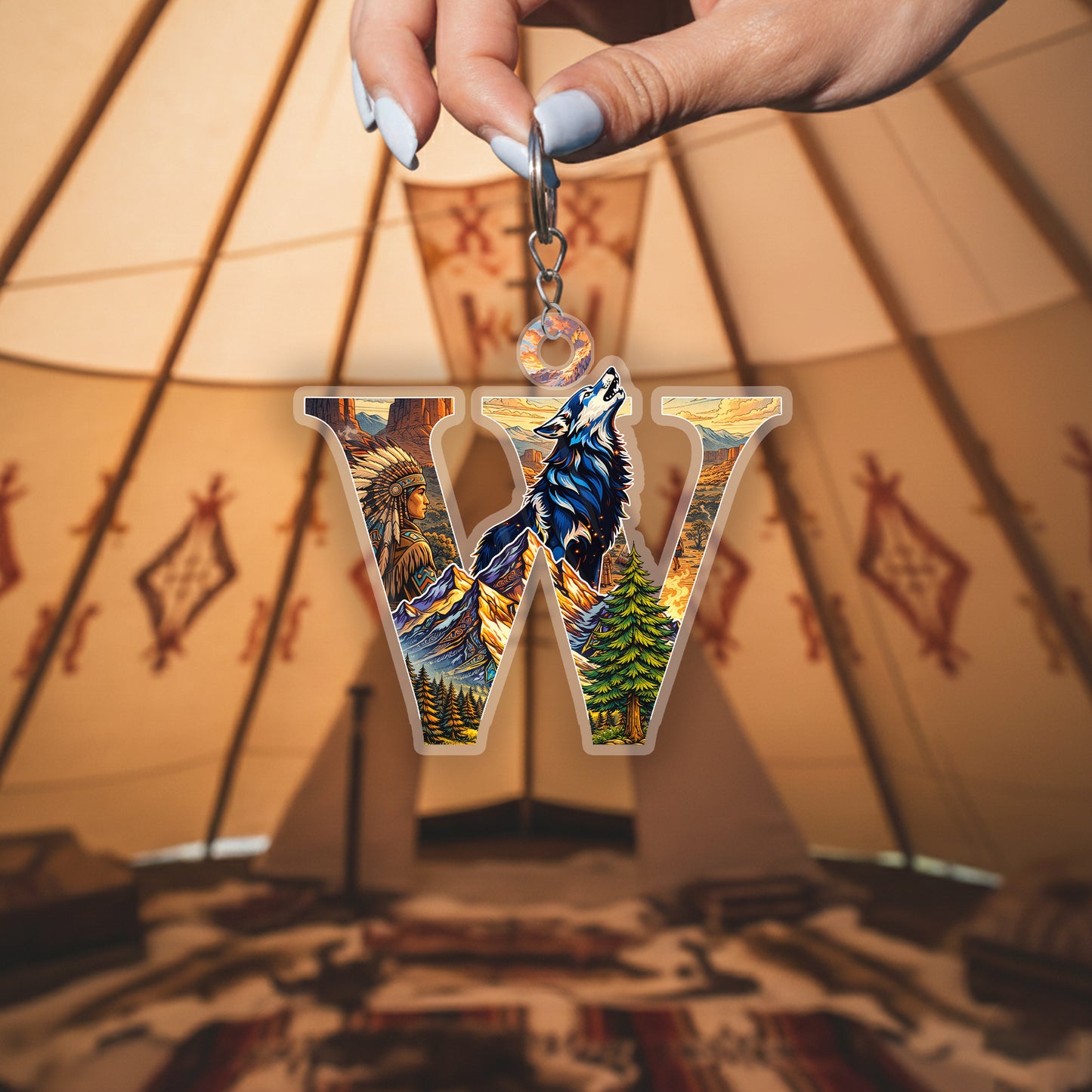Letter W Native American Keychain