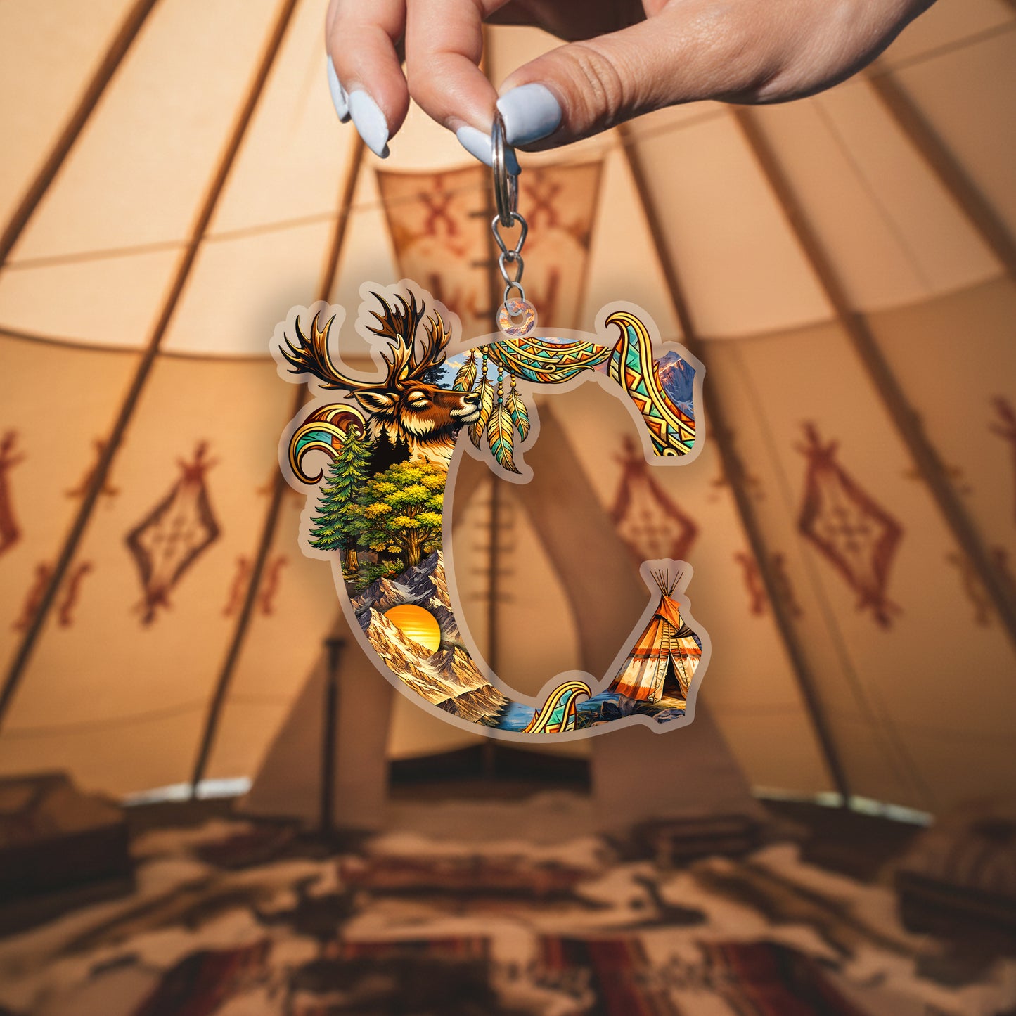 Letter C Native American Keychain – Elk Spirit & Tribal Art
