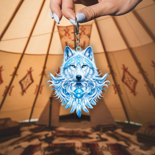 Native Wolf Dreamcatcher Keychain – Spiritual Animal Totem, Boho Gift for Wolf Lovers