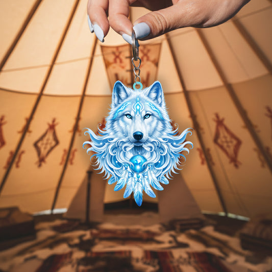 Native Wolf Dreamcatcher Keychain – Spiritual Animal Totem, Boho Gift for Wolf Lovers