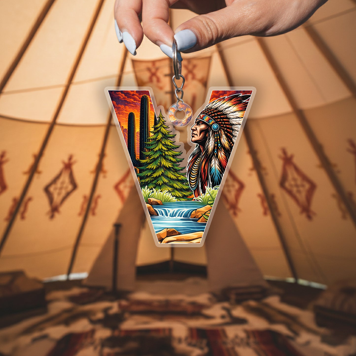 Letter V Native American Keychain
