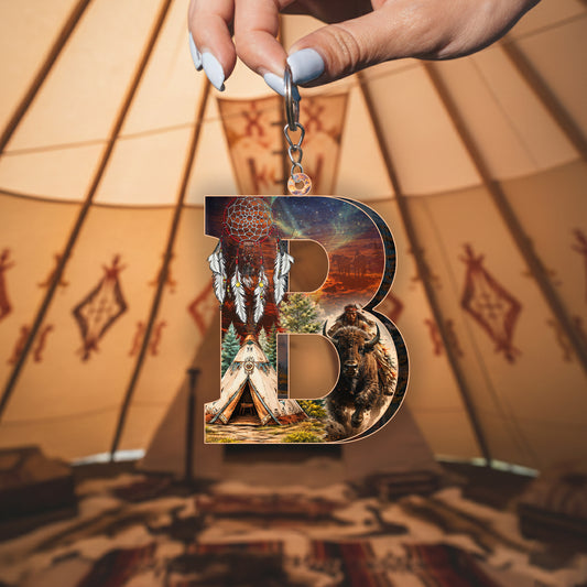 Letter B Native American Keychain – Dreamcatcher & Buffalo Spirit