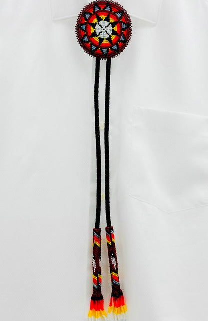 Handmade Beaded Red Star Bolo Tie with Black Leather, Adjustable Length