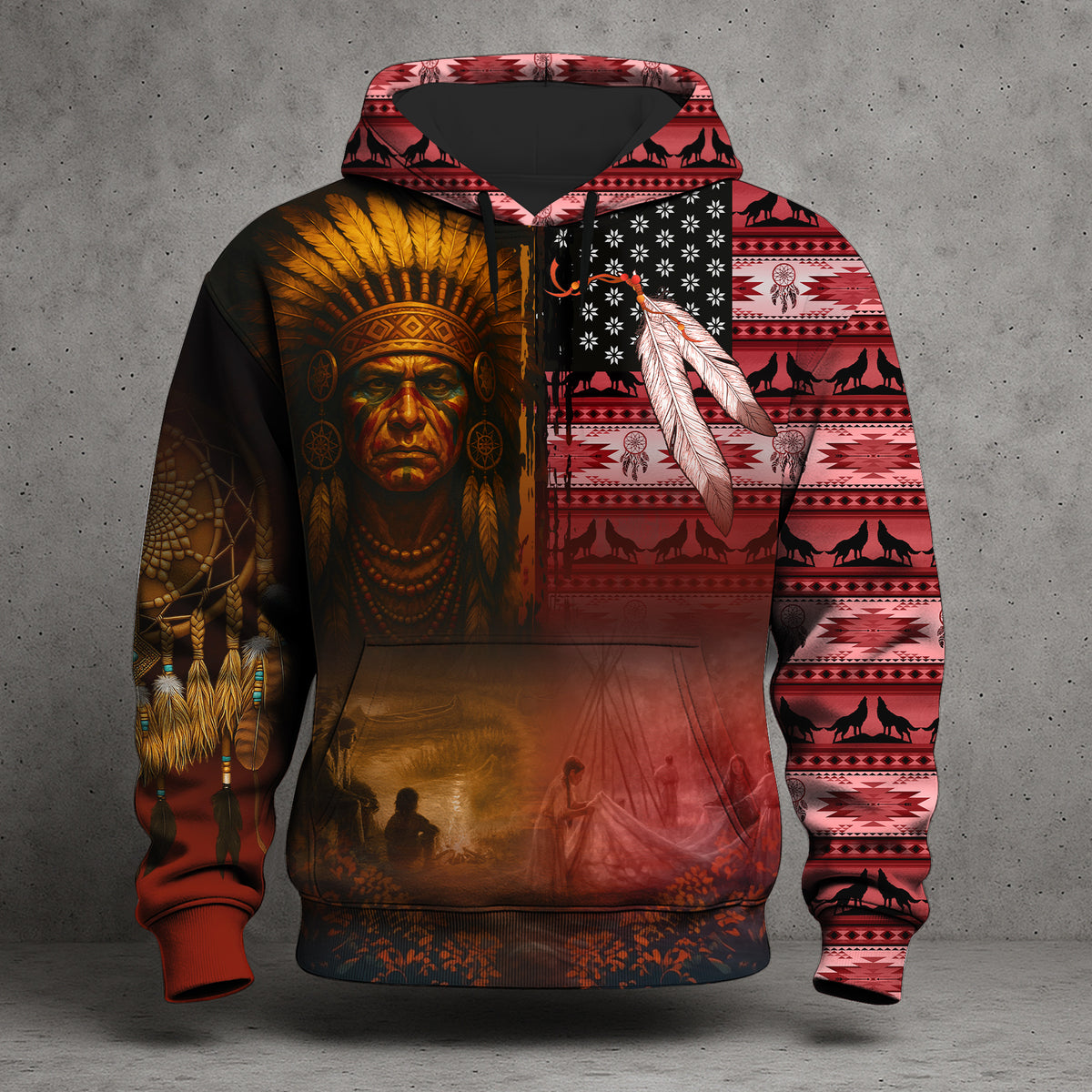 Native Heritage – The Chief Spirit Hoodie in Red & Blue, Symbol of Freedom and Pride