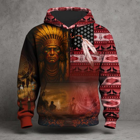 Native Heritage – The Chief Spirit Hoodie in Red & Blue, Symbol of Freedom and Pride