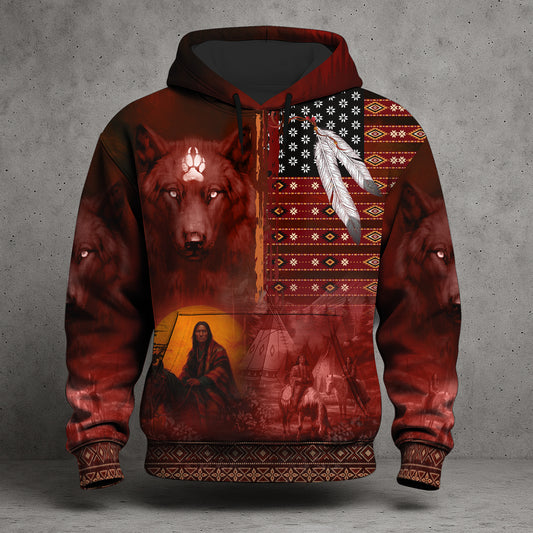 Red Wolf Protector Hoodie – Indigenous Pattern & Sacred Feathers
