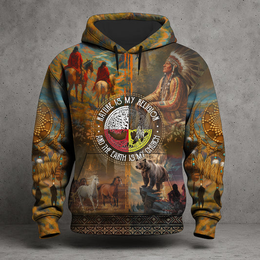 Nature Is My Religion Four Directions Sacred Circle – The Chief Spirit 3D Hoodie, Honoring Native Roots